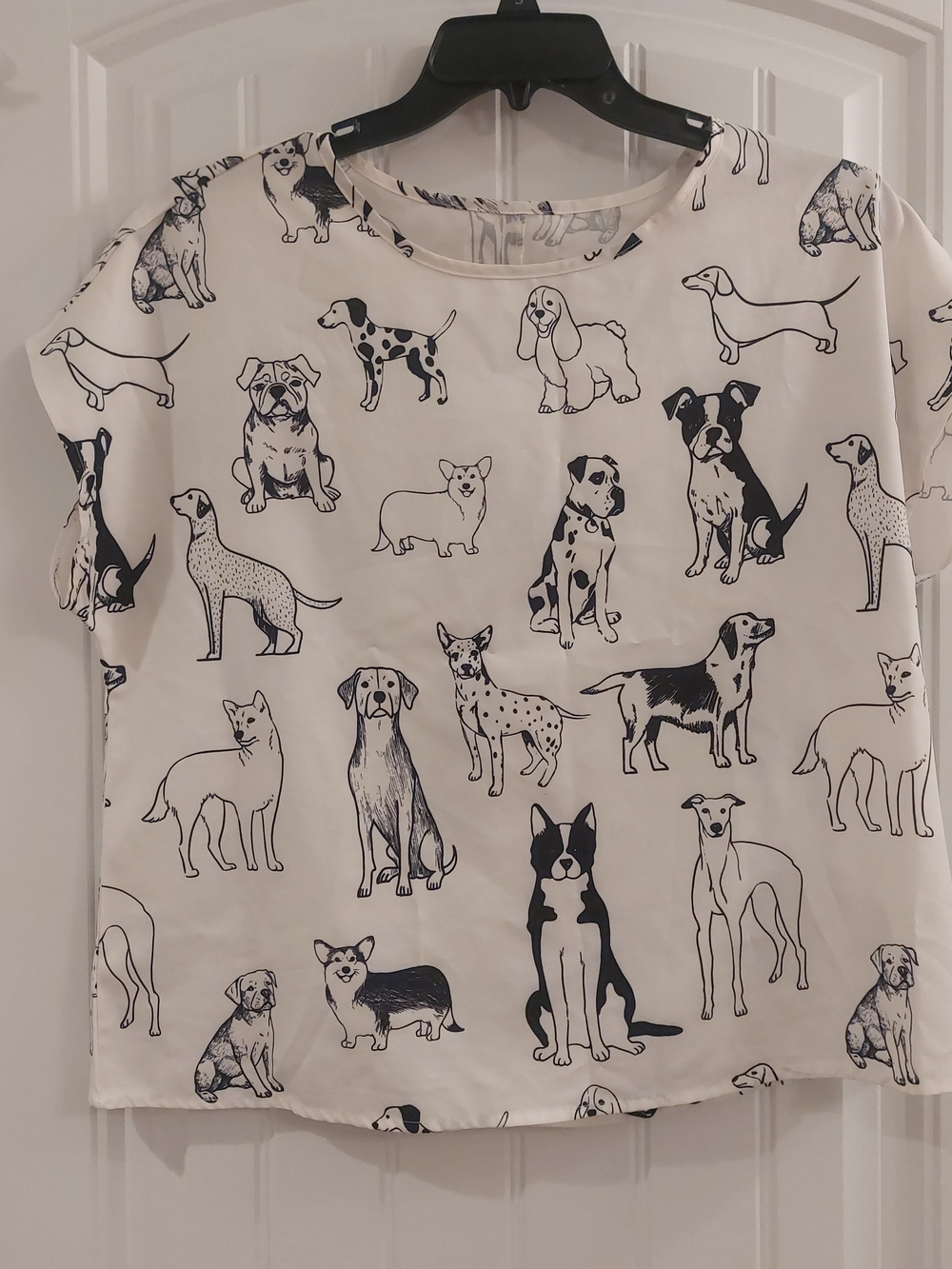 SHEIN White Short Sleeve Blouse with Black Dog Print